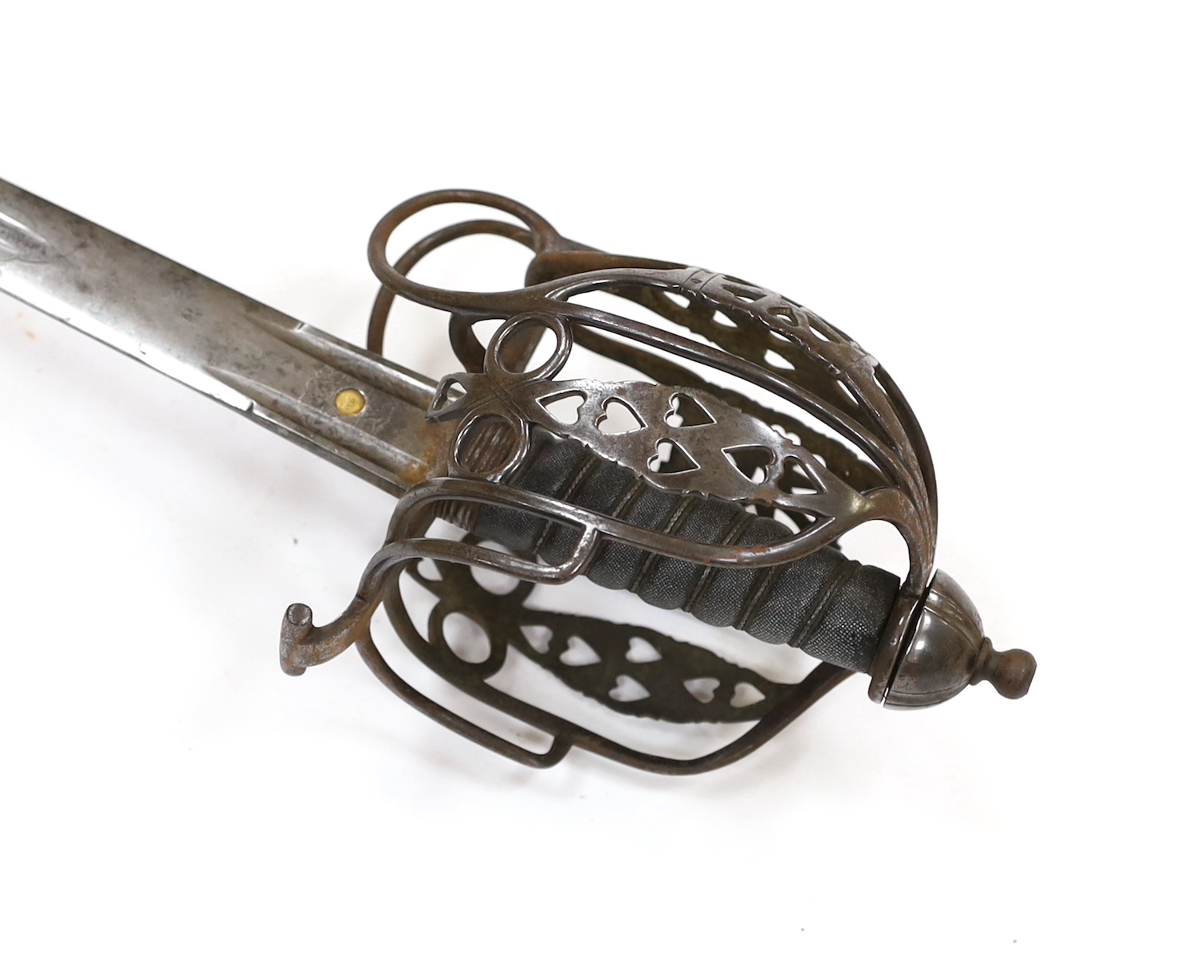 An early 19th century regulation Scottish infantry officer's Wilkinson’s broadsword of the 74th Regiment, with steel basket and pommel, double fullered blade engraved with VR cypher and the motto ‘Nemo me impune lacessit